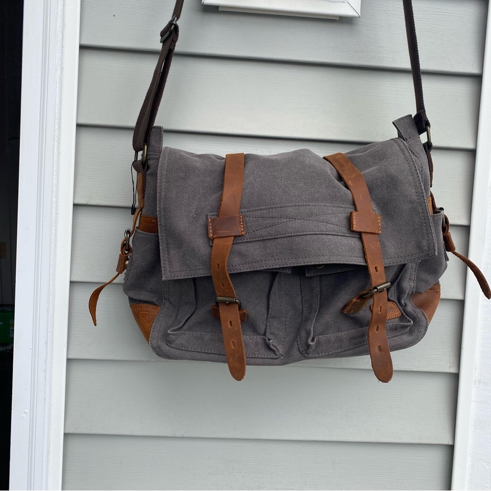 Lifewit Brown Canvas & Leather Satchel Messenger Cross Body Shoulder Bag Grey